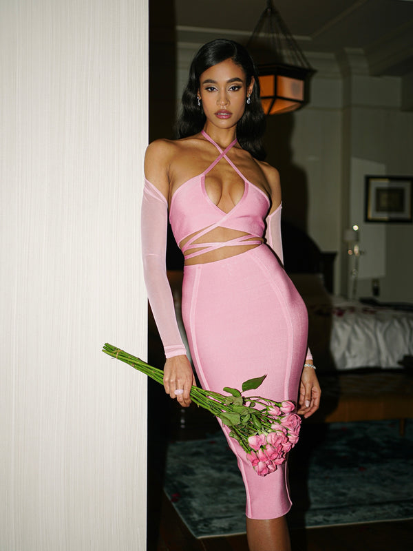 Dionne Pink Lace Up Bandage Dress With Sheer Mesh Sleeve
