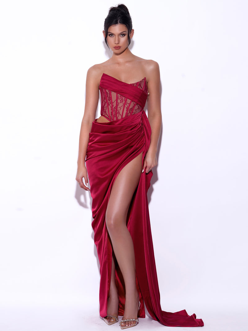 Sexy Red Lace Mesh Feather Long Train Prom Dress - Promfy