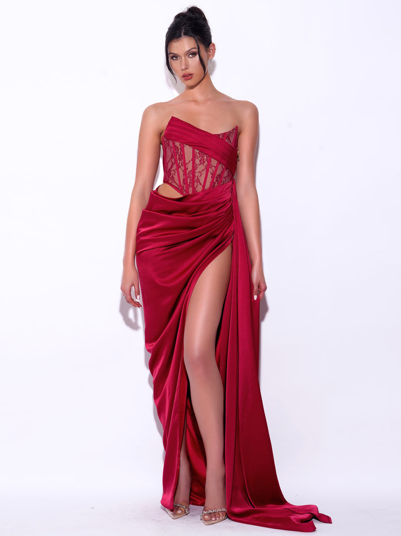 Callie Red Lace Satin Corset High Slit Gown – Miss Circle