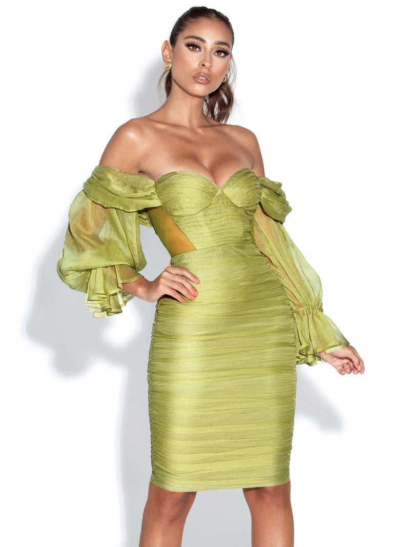 Sirene Olive Silk Pleated Off Shoulder Balloon Sleeves Dress