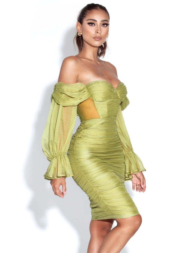 Sirene Olive Silk Pleated Off Shoulder Balloon Sleeves Dress
